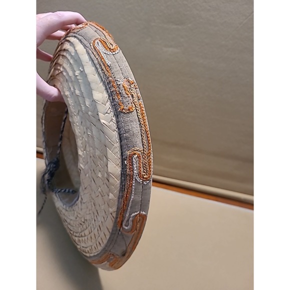 Vintage Straw Hat Woven With Design Embroidered‎ Orange Yellow Small 7" Opening - Picture 11 of 16